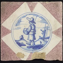 Figure tile, shepherd with basket and staff in sheep, wall tile tile sculpture ceramic earthenware glaze, baked 2x glazed