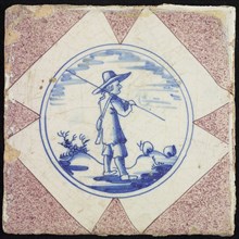 Figure tile, shepherd with staff on the shoulder, wall tile tile sculpture ceramic earthenware glaze, baked 2x glazed painted