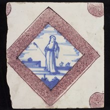 Figure tile, shepherdess with staff, corner motif half purple circle, wall tile tile sculpture ceramic earthenware glaze, baked