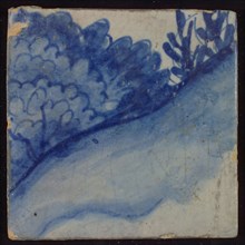 Tile with blue trees on the ground, tile picture footage fragment ceramics pottery glaze, d 1.1