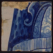 Three tiles of tableau with blue painting (skirt?), tile picture footage fragment ceramic pottery glaze, d 1.2