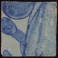 White tile with blue drawing, tile pilaster footage fragment ceramic earthenware glaze, d 1.0