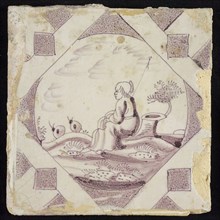 Figure tile, sitting shepherdess and staff, corner pattern white quarter star, wall tile tile sculpture ceramic earthenware