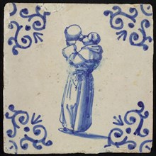 Figure tile, Franciscan Monk with jug, corner motif oxen head, wall tile tile sculpture ceramic earthenware glaze, baked 2x