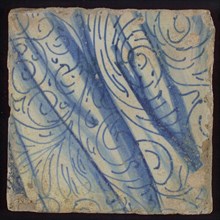 Tile with blue decorated folds, tile picture footage fragment ceramics pottery glaze, d 1.3