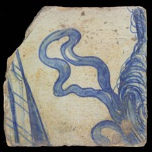 Loose tile from tableau with decor in blue, robe and ribbon, tile picture footage fragment ceramic pottery glaze tin glaze, in