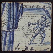 Tile from tableau 'Hoop' with in blue sower on land, tile picture footage fragment ceramic pottery glaze tin glaze, in shape