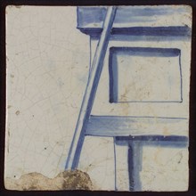 Tile with blue base and stick, tile pellet image fragment ceramic earthenware glaze, d 0.9