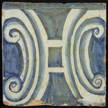 Tile of chimney pilaster, blue on white, part of column with curled H-shaped capitals, chimney pilaster tile pilaster footage