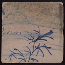 Two tiles with blue tree stump with twigs on hill, against sky with clouds, tile picture footage fragment ceramic pottery glaze