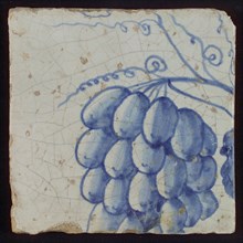 Tile with blue bunch of grapes on twig, tile pilaster footage fragment ceramic earthenware glaze, d 0.9