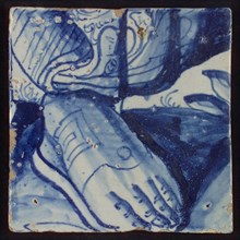 Tile with blue base with sandal, tile pilaster footage fragment ceramic pottery glaze, Two tiles with blue feet with sandals
