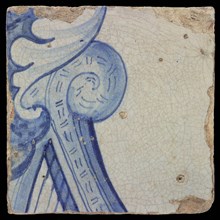 Tile with blue harp, tile picture footage fragment ceramics pottery glaze tin glaze h. 13,7, baked 2x glazed painted Three tiles