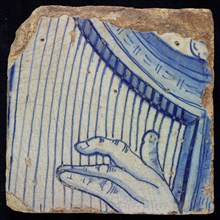 Tile with blue harp and hand, tile picture footage fragment ceramics pottery glaze, Three tiles with blue harp and hand