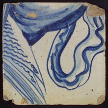 Tile with blue drawing, tile pilaster footage fragment ceramic earthenware glaze, d 1.4