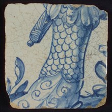 Tile with leg in blue armored with foot, tile picture footage fragment ceramics pottery glaze, d 1.1