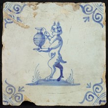 Scenery decor, satyr with vase, corner motif ox's head, wall tile tile sculpture ceramic earthenware glaze, baked 2x glazed