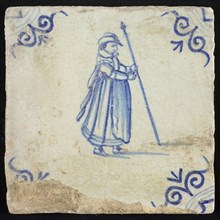 Figure tile, standing monk with lance, corner motif oxen head, wall tile tile sculpture ceramic earthenware glaze, baked 2x