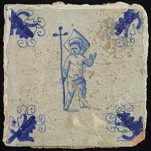 Figure tile, standing Christ child with staff on which cross, corner motif, creeper, wall tile tile sculpture ceramic