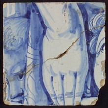 Tile with blue hand and part of head, tile picture footage fragment ceramics pottery glaze, d 0.9