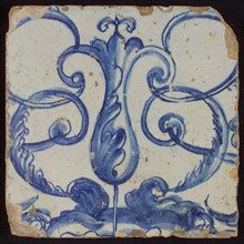 Tile with blue flower and curls, tile picture footage fragment ceramics pottery glaze, d 1.5