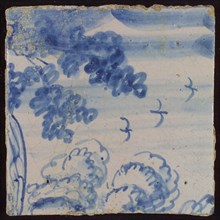 Tile with blue sky with birds and trees, tile picture footage fragment ceramics pottery glaze, d 1.5