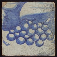 Tile with grapes in blue bunch, tile picture footage fragment ceramics pottery glaze, d 1.0