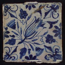 Ornament tile, diagonally placed tulip with rosette, corner pattern french lily, wall tile tile image ceramics pottery glaze