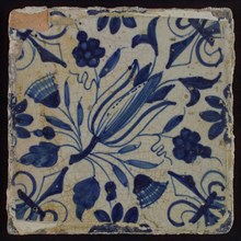 Ornament tile, diagonally placed tulip with rosette, corner pattern french lily, wall tile tile sculpture ceramic earthenware