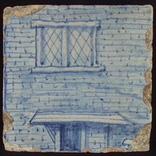 Tile with in blue facade of stone house, tile picture footage fragment ceramics pottery glaze, d 1.6