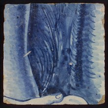 Tile with hand holding something, against blue background, tile picture footage fragment ceramics pottery glaze, d 1.5