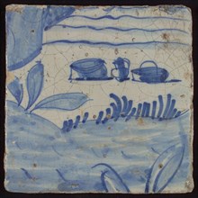 Tile with blue pans, jug and plants, tile pilaster footage fragment ceramic pottery glaze, d 1.3