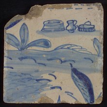 Tile with blue pans, jug and plants, tile pilaster footage fragment ceramics pottery glaze, d 1.1
