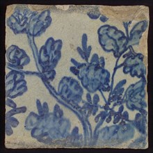 Tile with blue branches and leaves, tile picture footage fragment ceramics pottery glaze, d 1.4