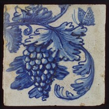 Tile with blue bunch of grapes, leaves and butterfly, tile picture footage fragment earth discovery ceramics earthenware glaze
