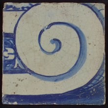 Tile with blue rolled curl, tile pellet image fragment ceramic earthenware glaze, d 1.2