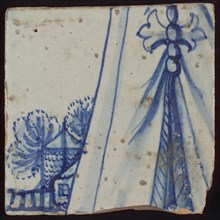 Tile with blue curtain and house with trees, tile picture footage fragment ceramics pottery glaze, d 1.2