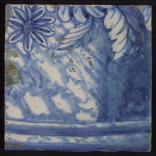 Tile with blue flowers, leaves and marbled surface, tile picture footage fragment ceramics pottery glaze, d 0.8