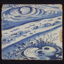 Tile with blue river and stones with branches on the banks, tile pilaster footage fragment ceramic earthenware glaze, d 0.9