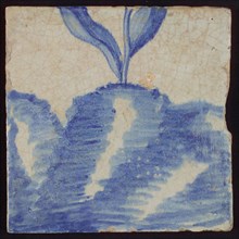 Tile with blue flower stalk on hill, tile pilaster footage fragment ceramic earthenware glaze, d 1.1