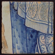 Three tiles of tableau with blue bottom of skirt and legs, tile picture footage fragment ceramic pottery glaze, d 1.5