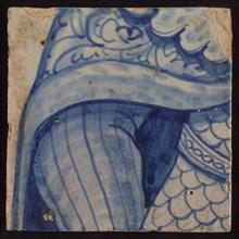 Three tiles of tableau with blue armored torso and two arms, tile picture footage fragment ceramics pottery glaze, d 1.5