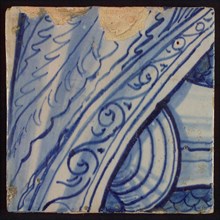Two tiles of tableau with curved edge and part of armor decorated in blue, tile picture footage fragment ceramics pottery glaze