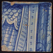 Tile with blue piece of armor and pleats, tile picture footage fragment ceramics pottery glaze, d 1.3