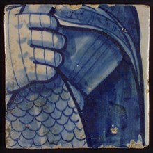 Two tiles of tableau with in blue part of armored torso, skirt and hand, tile picture footage fragment ceramics pottery glaze, d