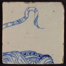 Eight tiles of tableau with in blue woman with cross and book, ribbons in her, tile picture footage fragment ceramics pottery
