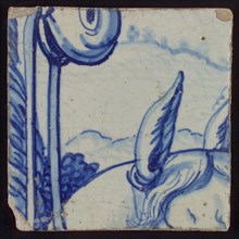Tile with in blue ears and part head of donkey horse, tile pilaster footage fragment ceramic pottery glaze, d 1.2