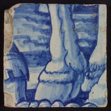 Tile with in blue legs of donkey horse, tile picture footage fragment ceramics pottery glaze, d 1.2