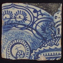 Tile with objects decorated in blue against black background, tile picture footage fragment ceramic pottery glaze, d 1.2