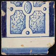 Tile of chimney pilaster, blue on white, part of column with capitals and division with whimsical lines, chimney pilaster tile